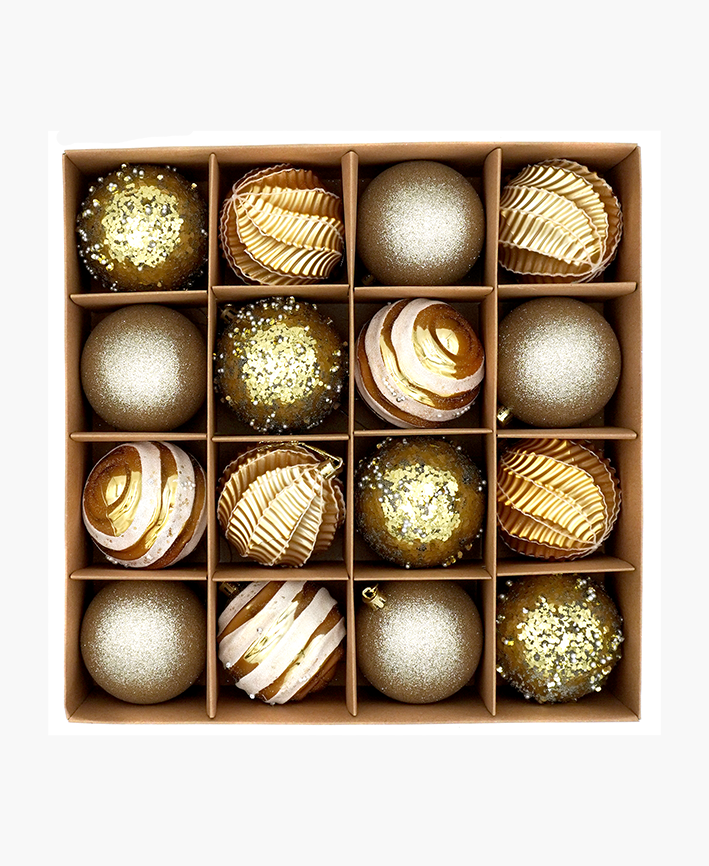 R111214-1 NAV ESFERA 8CM DISEÑOS DEC. PAQ C/16 PZS ORO MIX