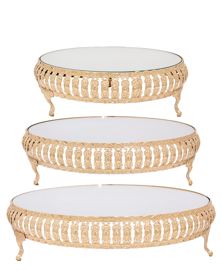 R736102 BASE P/PASTEL ORO REDONDA C/ESPEJO SET 3 PZAS 25 30 Y 35 CM