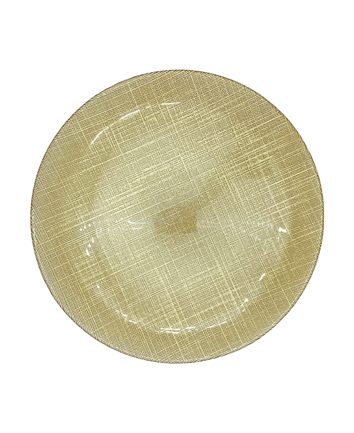 R733012-1 BAJO PLATO VIDRIO TELA LISO ORO 32CM