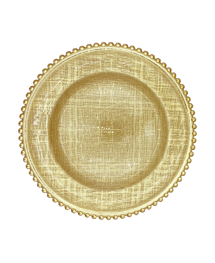 R733014-1 BAJO PLATO VIDRIO PERLAS TELA ORO 32CM